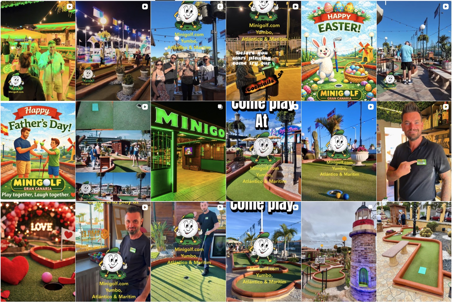 Mosaico del feed de Instagram de Minigolf Yumbo con campañas, fotos del parque y mascota